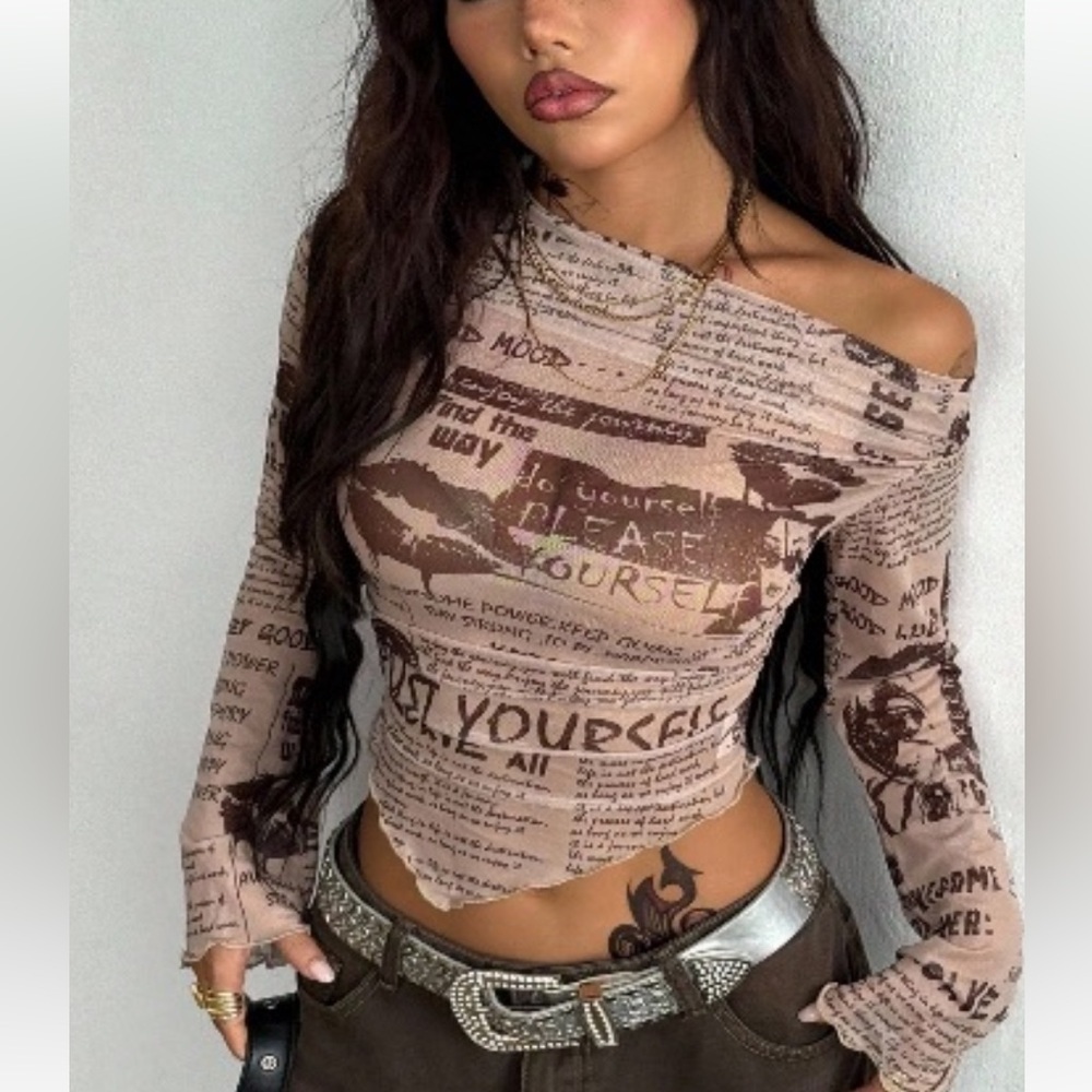 SHEIN Newspaper One Shoulder Mesh Top New in Package